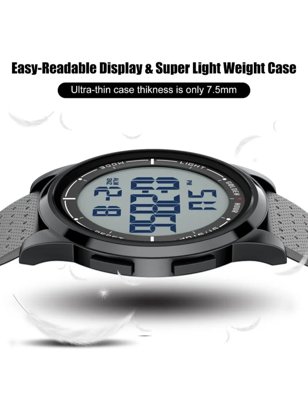 Men's Grey Rubber Strap Ultra-Thin Minimalist Sports Waterproof Digital Watch